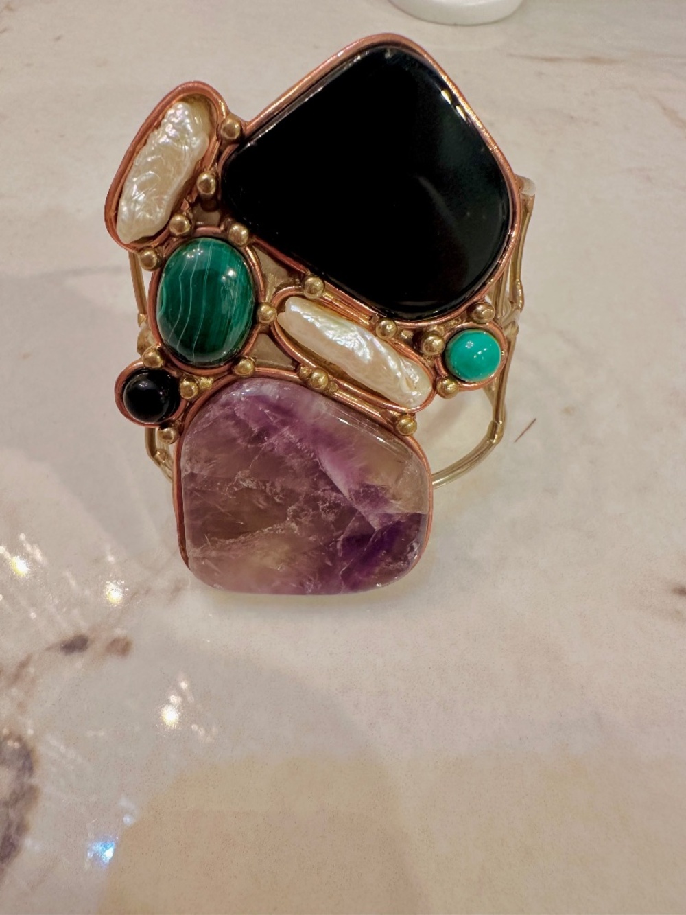 Multi-colored semi-precious metal gemstone cuff bracelet with amethyst, malachit